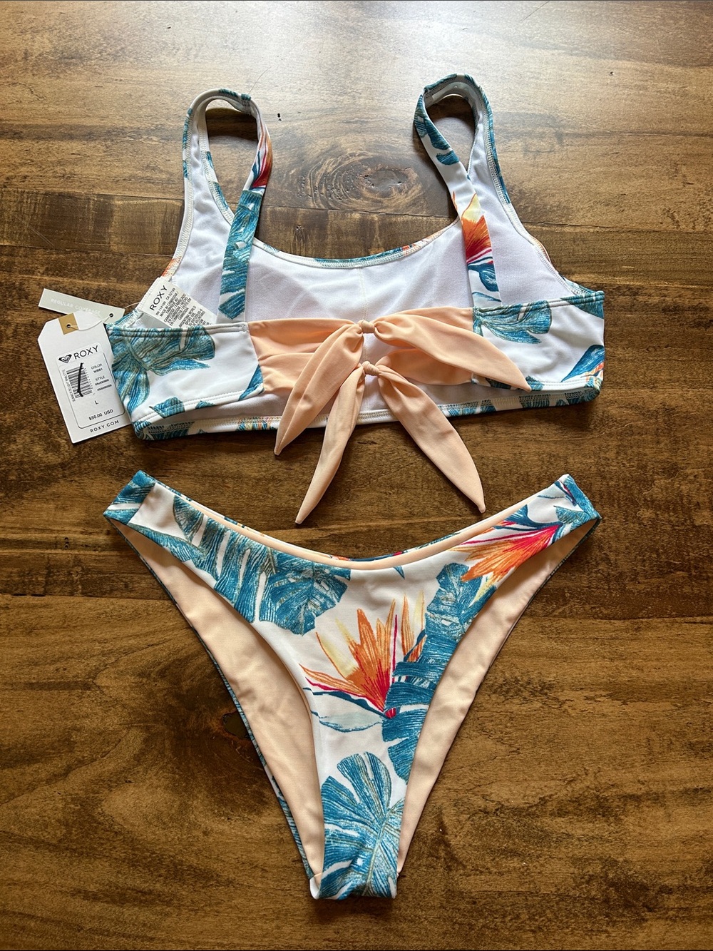Roxy Blue Tropical Leaf & Peach Bikini Set Discontinued Sz S L - Picture 2 of 4